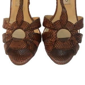 Jimmy Choo Chestnut Snakeskin Leather Strappy Heeled Sandals 38.5 EPC